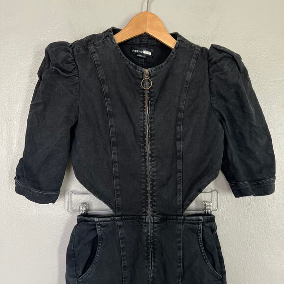 Retrofete Kiara Denim Jumpsuit Black Dark Cutouts V-Neck Puff Sleeves Women's S - Picture 5 of 14